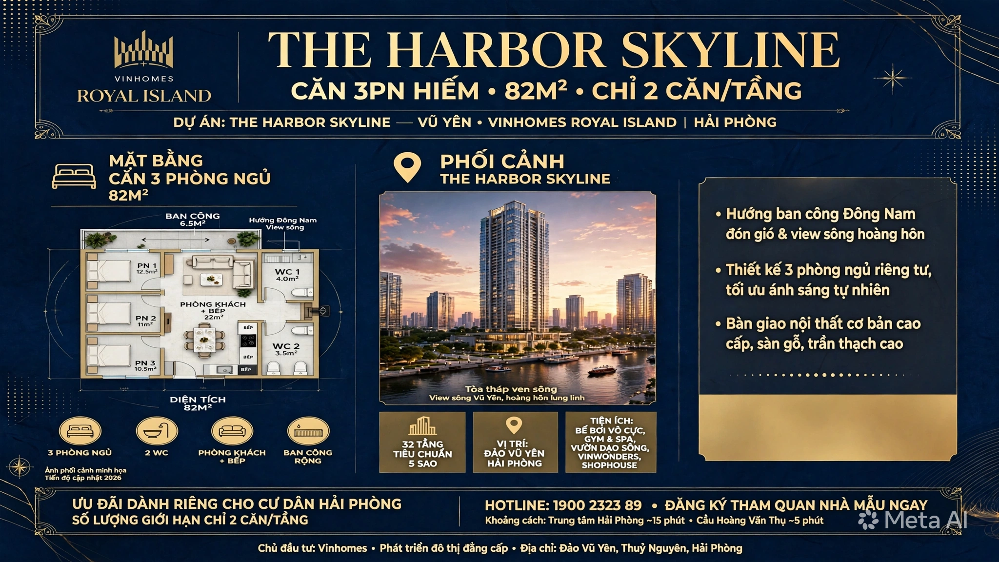CĂN 3 NGỦ - THE HARBOR SKYLINE - VŨ YÊN: CHỈ 2 CĂN / TẦNG - LỰA CHỌN CỦA GIA ĐÌNH ĐA THẾ HỆ